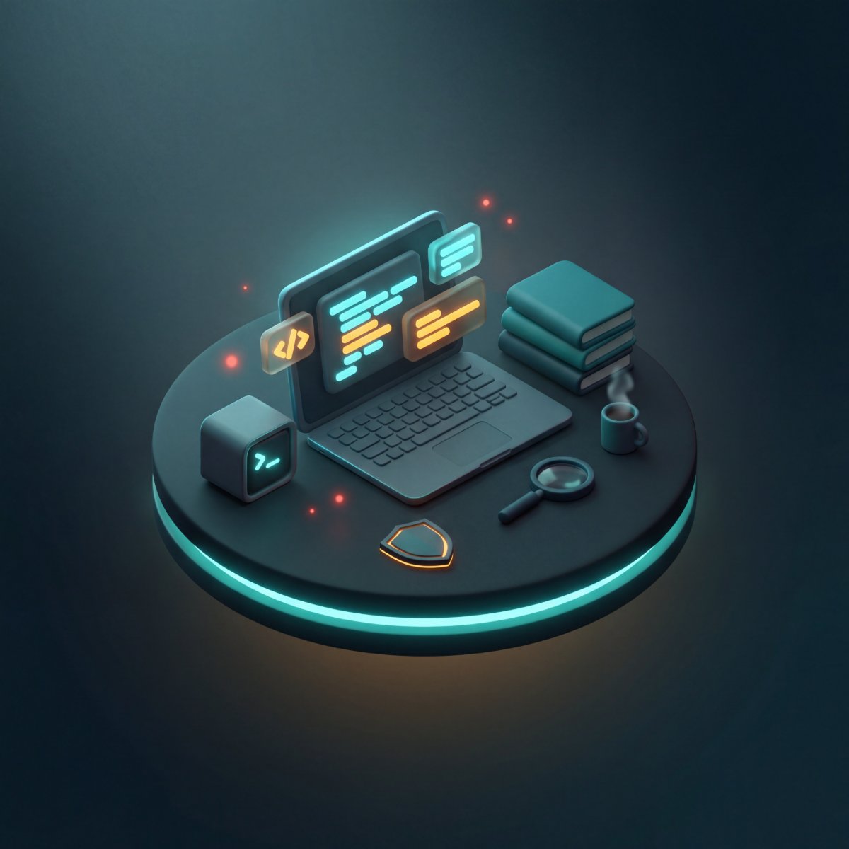 Isometric diorama of the Studio platform — coding workstation with security tools