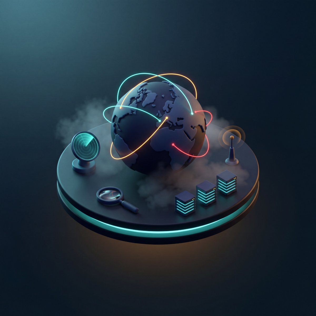 Isometric diorama of the Threat Map — globe with attack vectors and live telemetry
